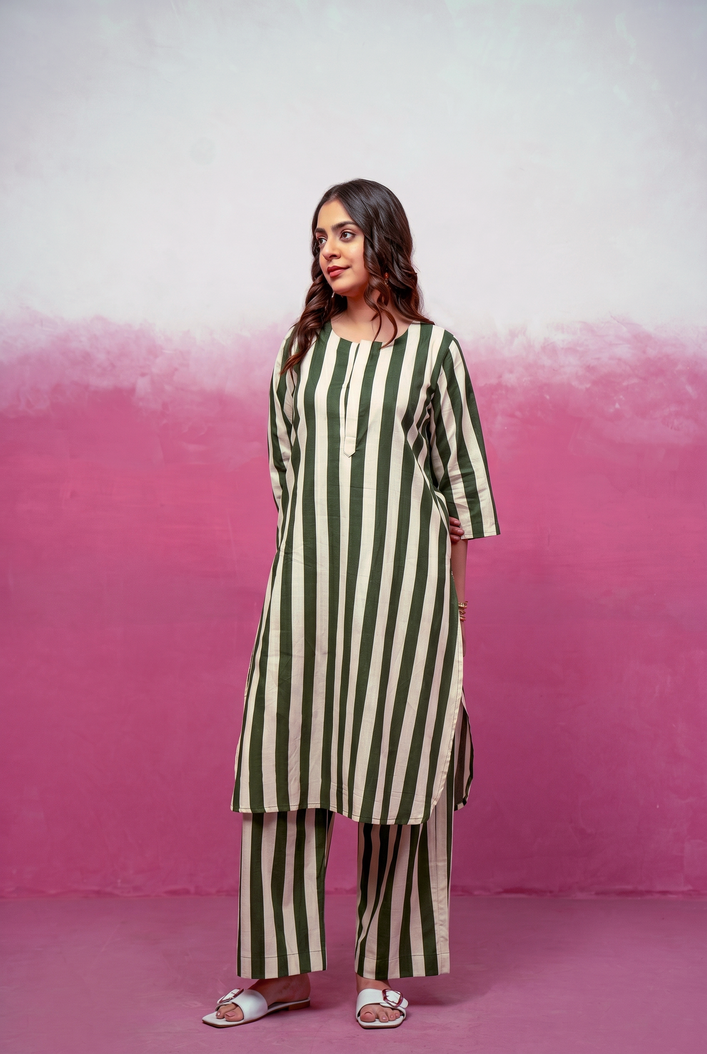 RUTH GREEN STRIPED KURTA SET