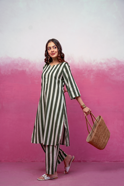 RUTH GREEN STRIPED KURTA SET