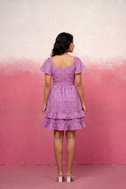 VALERIE PURPLE PRINTED SHORT RUFFLED DRESS
