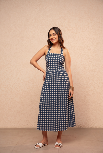 SERENA BLUE GINGHAM A-LINE DRESS