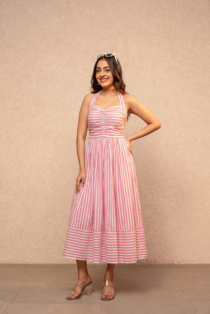 AVIRA GREEN STRIPED HALTER NECK A-LINE MIDI DRESS