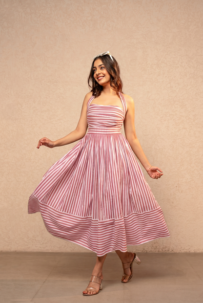AVIRA GREEN STRIPED HALTER NECK A-LINE MIDI DRESS