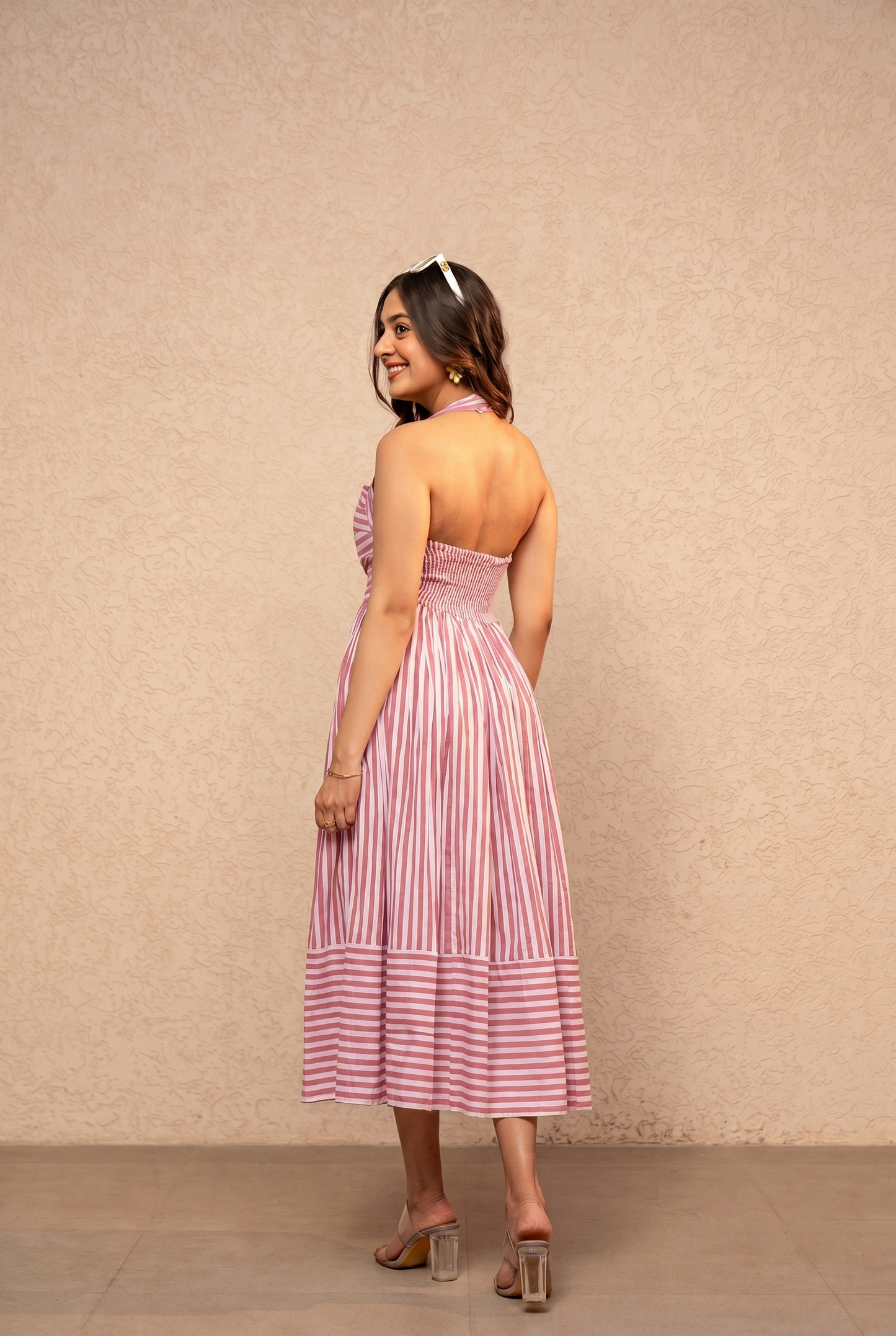 AVIRA GREEN STRIPED HALTER NECK A-LINE MIDI DRESS