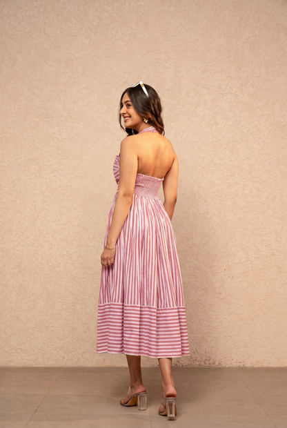 AVIRA GREEN STRIPED HALTER NECK A-LINE MIDI DRESS