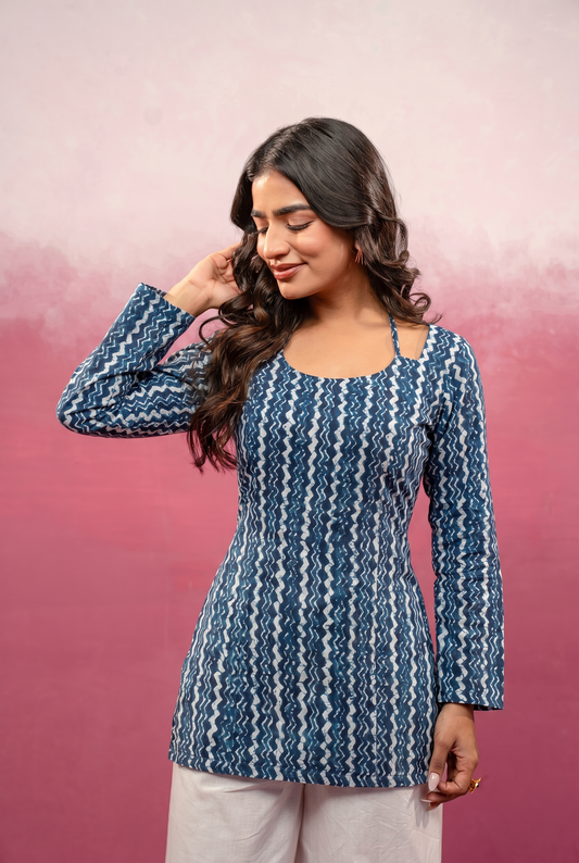 NIHAR BLUE FLORAL FULL SLEEVES KURTI