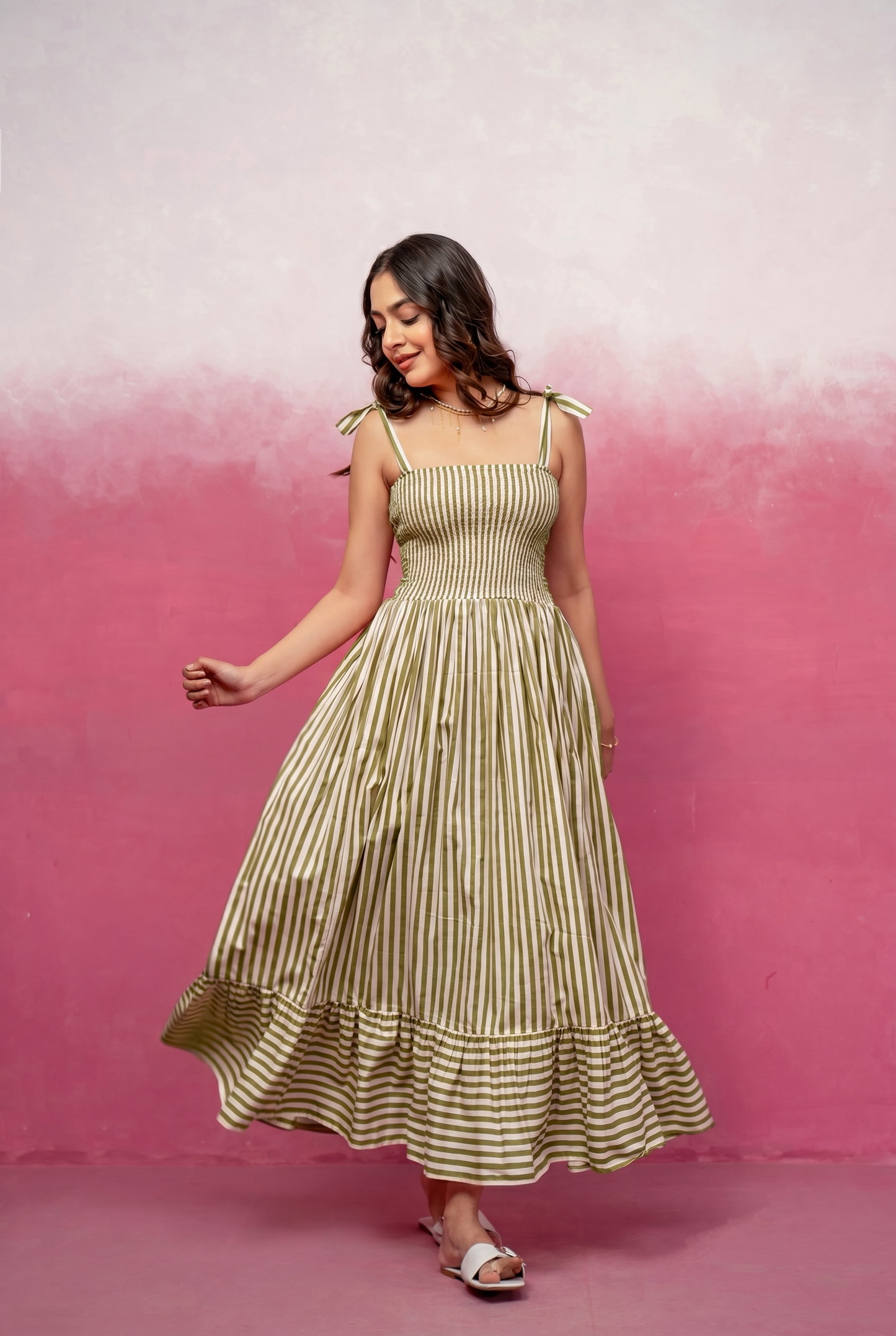 ELISA GREEN STRIPED MAXI DRESS