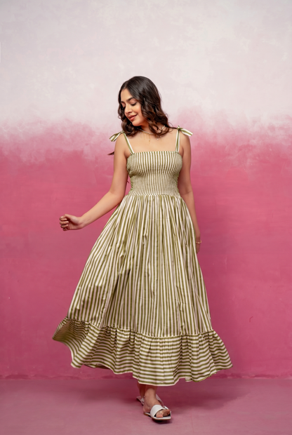 ELISA GREEN STRIPED MAXI DRESS