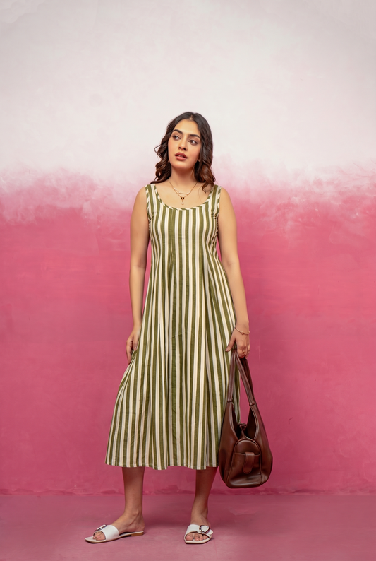 JOSIE GREEN STRIPED MIDI A-LINE DRESS