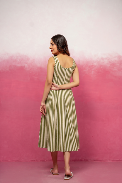 JOSIE GREEN STRIPED MIDI A-LINE DRESS