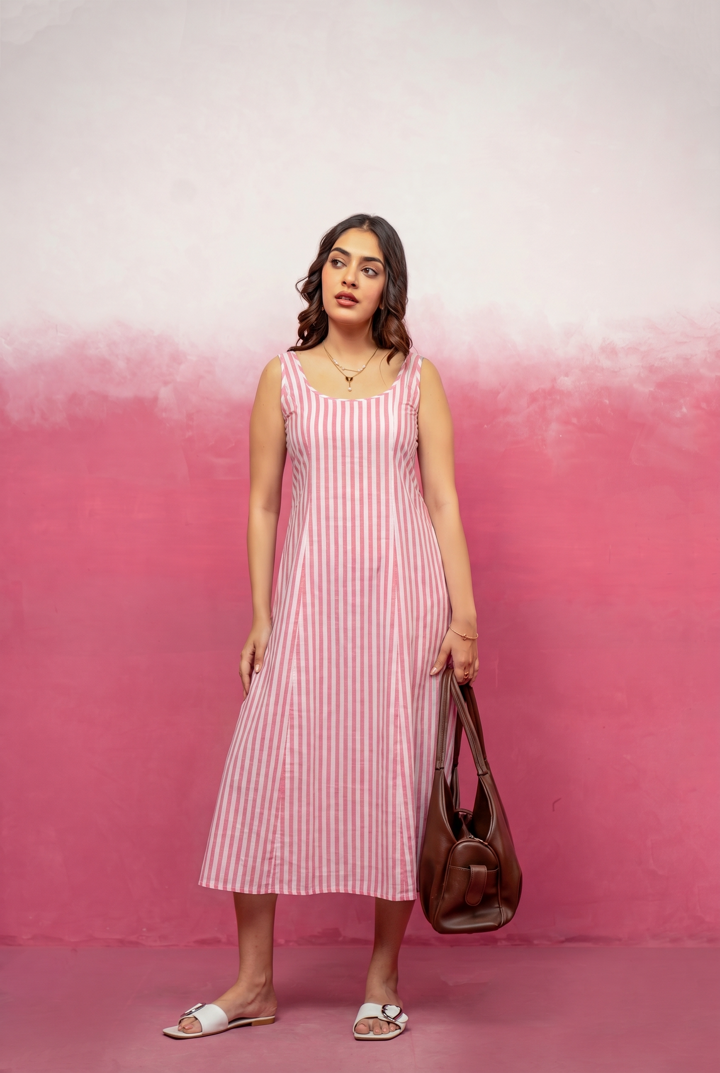 MAISE PINK STRIPED MIDI A-LINE DRESS