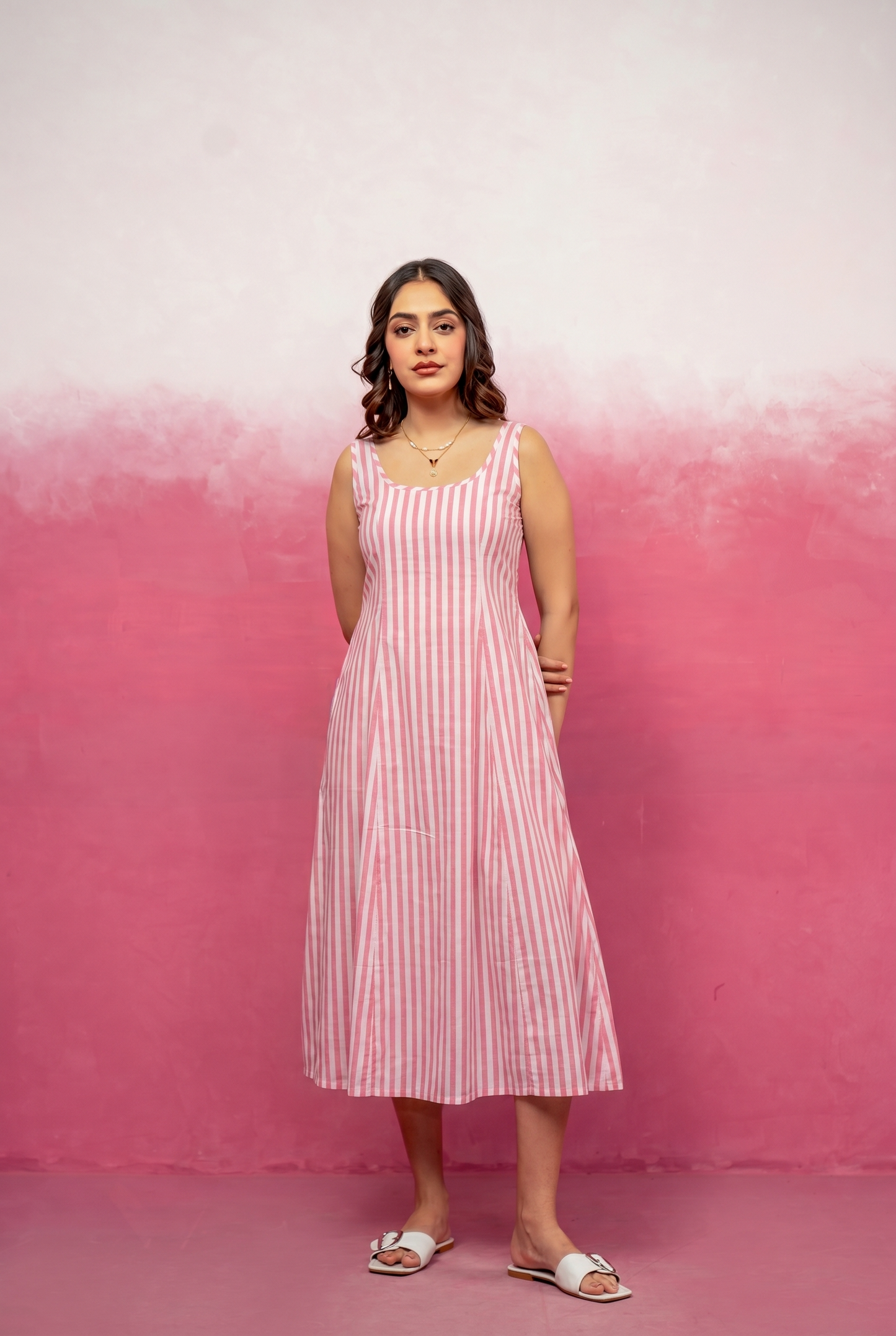MAISE PINK STRIPED MIDI A-LINE DRESS