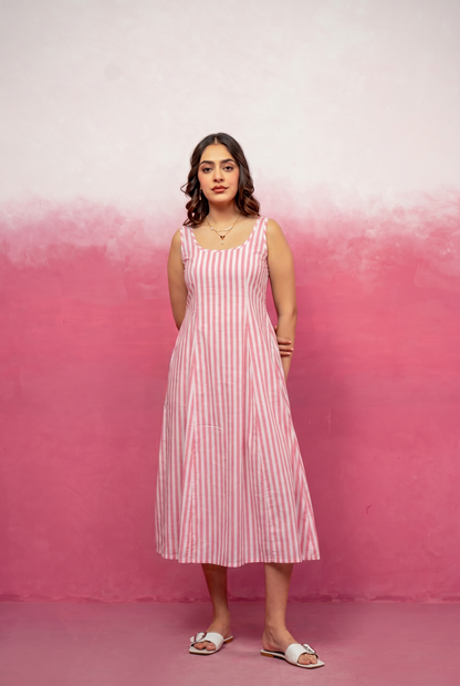 MAISE PINK STRIPED MIDI A-LINE DRESS