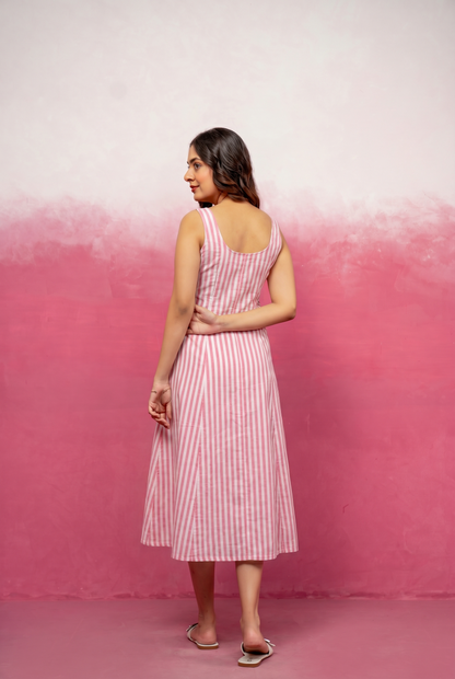 MAISE PINK STRIPED MIDI A-LINE DRESS