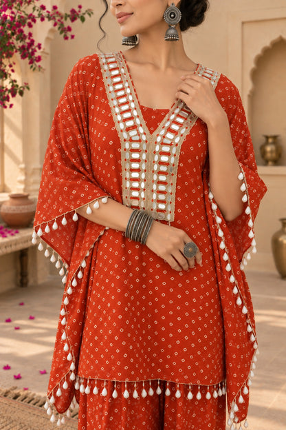 AMIRA ORANGE BANDHEJ KAFTAN SET
