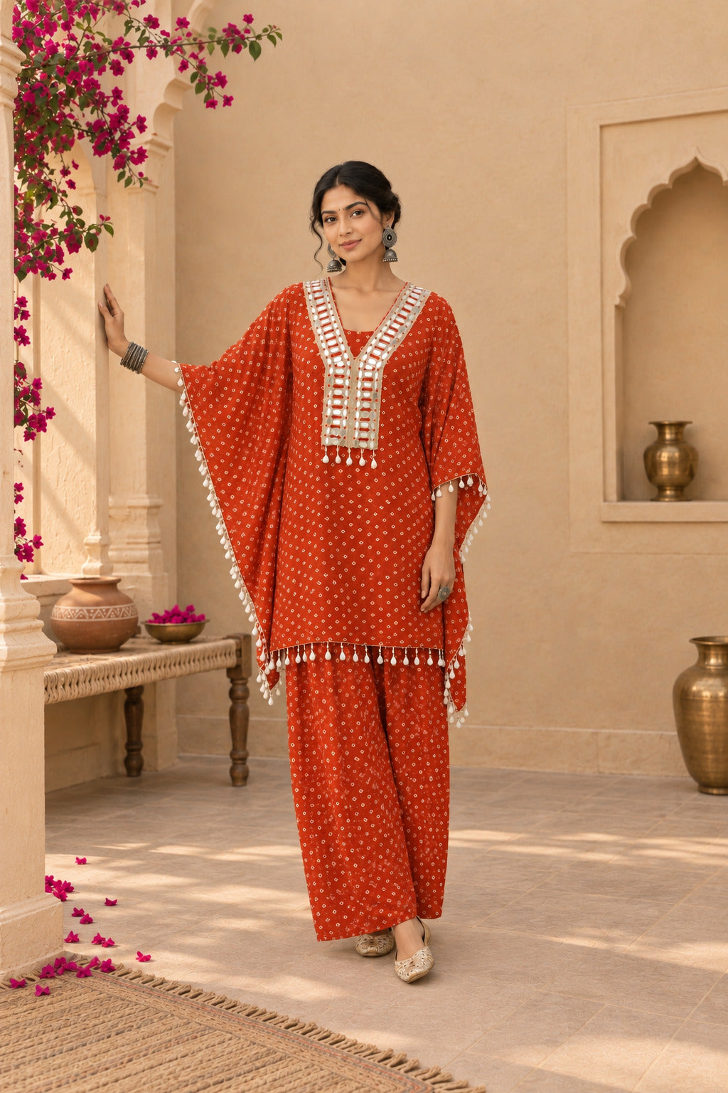 AMIRA ORANGE BANDHEJ KAFTAN SET