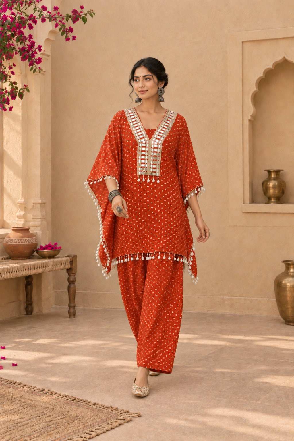 AMIRA ORANGE BANDHEJ KAFTAN SET