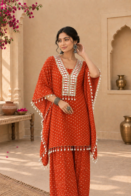 AMIRA ORANGE BANDHEJ KAFTAN SET