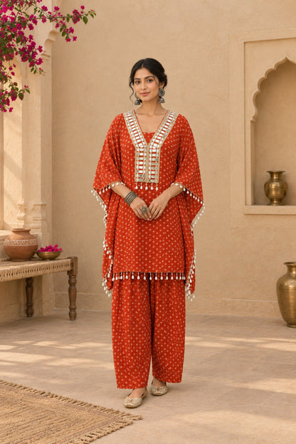 AMIRA ORANGE BANDHEJ KAFTAN SET