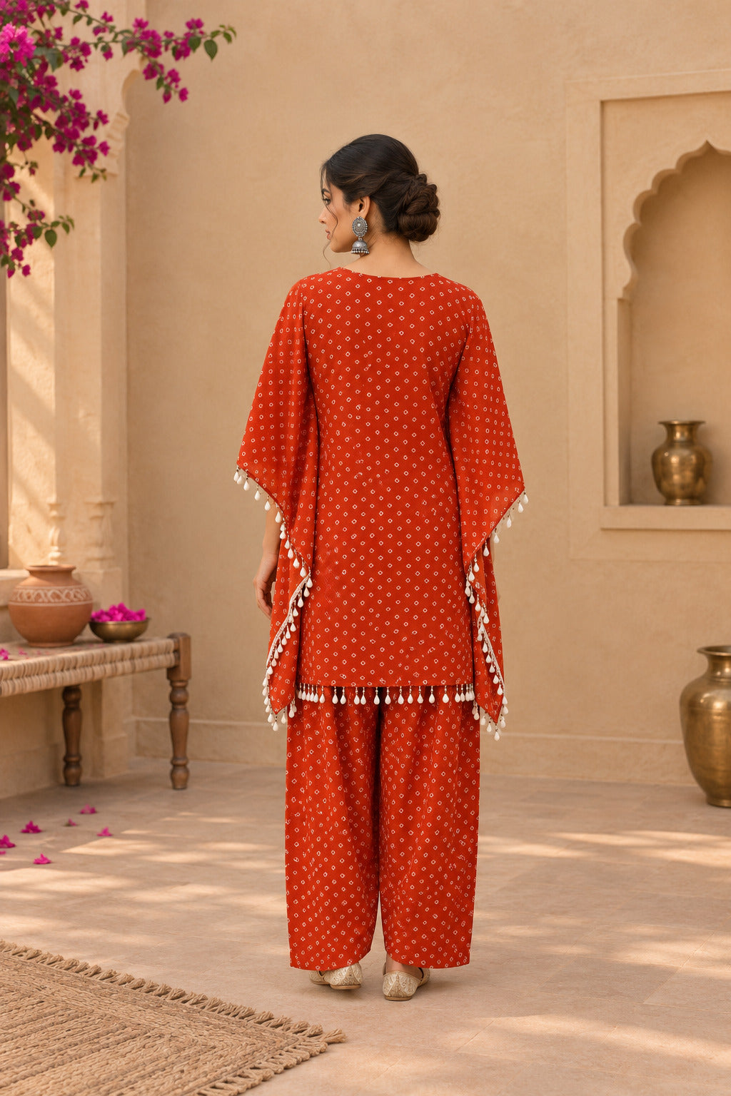 AMIRA ORANGE BANDHEJ KAFTAN SET