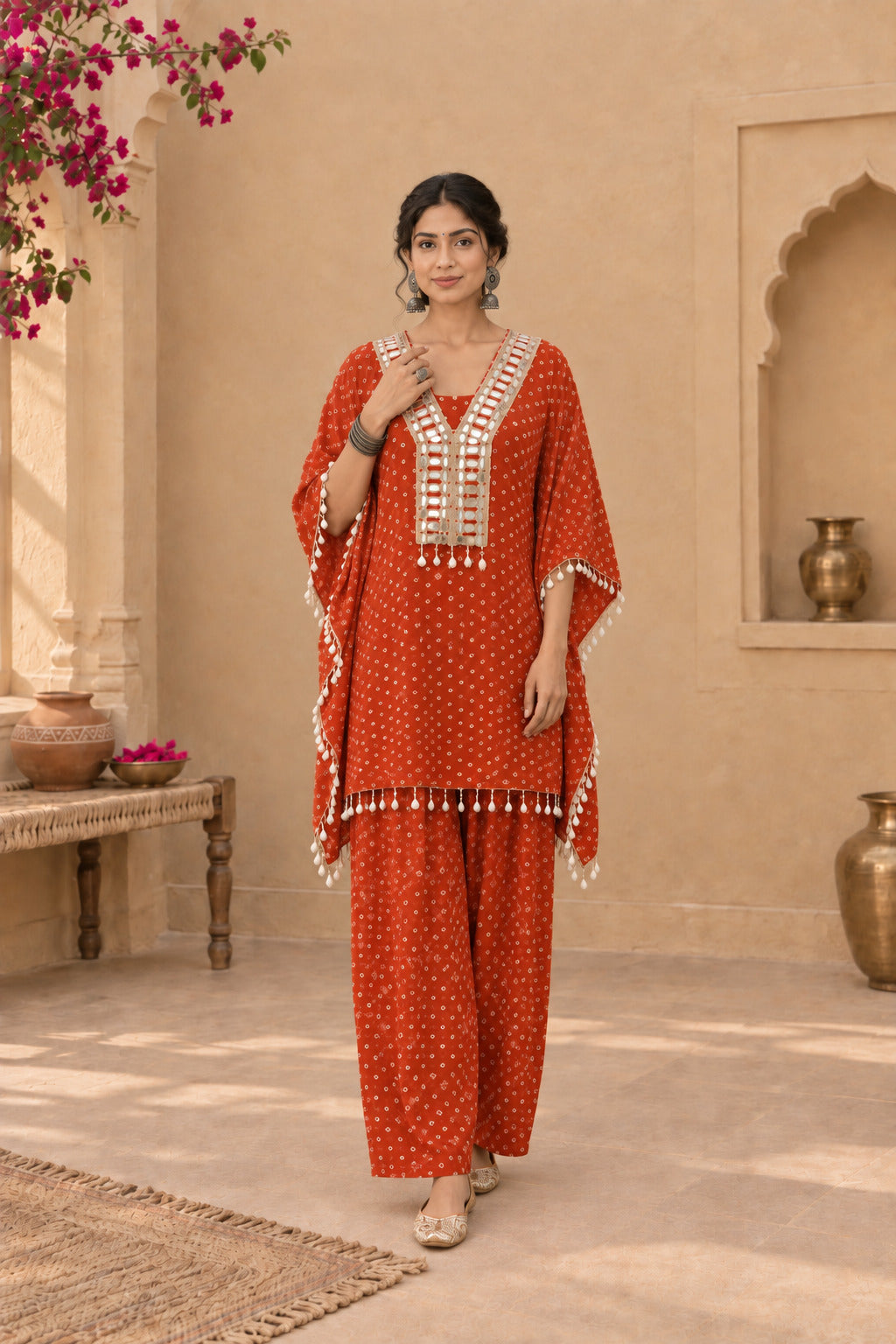 AMIRA ORANGE BANDHEJ KAFTAN SET