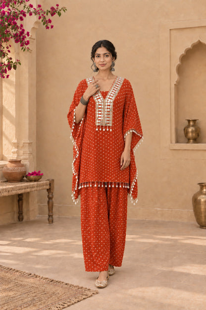 AMIRA ORANGE BANDHEJ KAFTAN SET