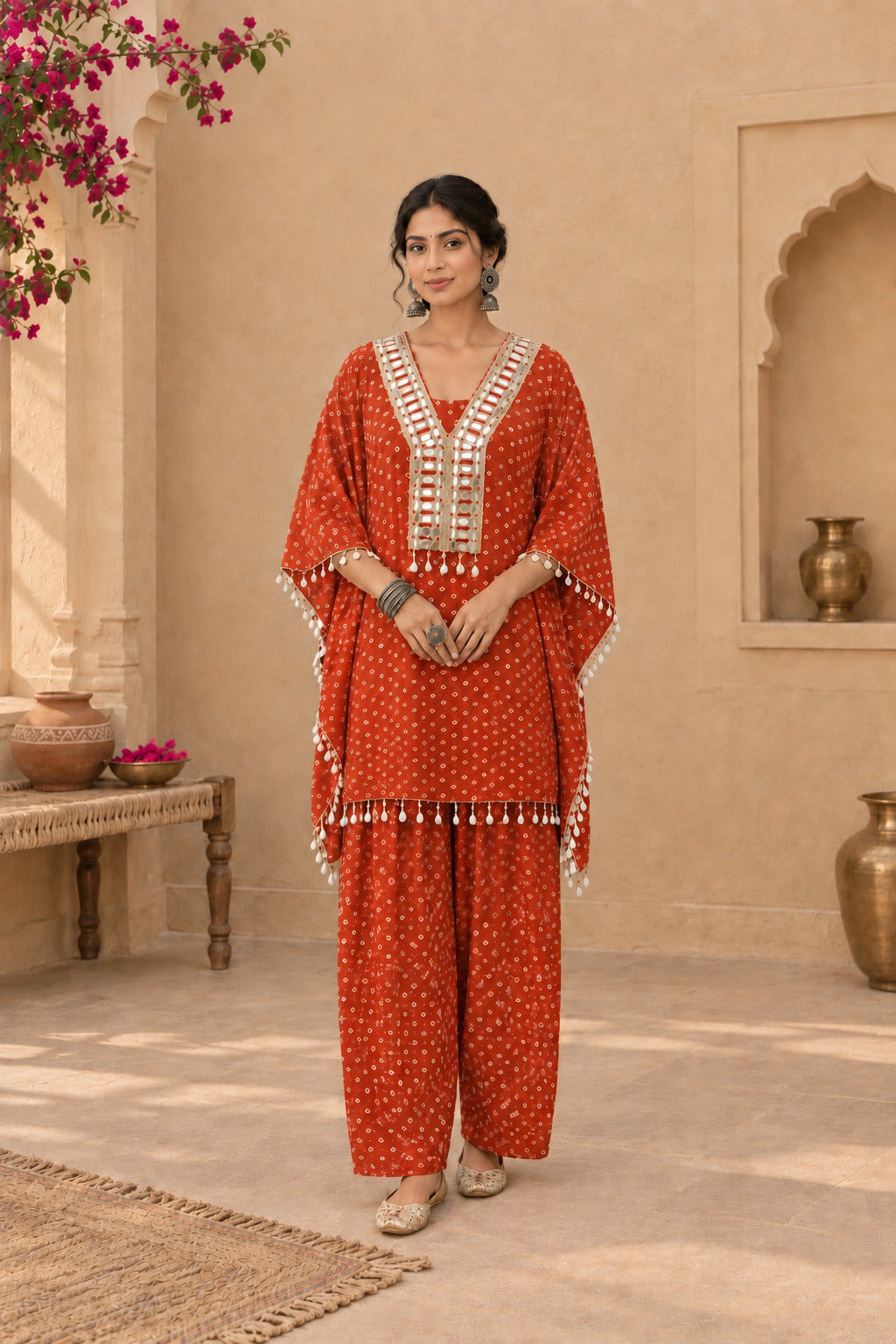AMIRA ORANGE BANDHEJ KAFTAN SET