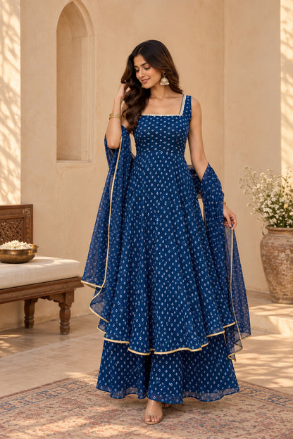 BINDU PEACOCK BLUE BANDHEJ KURTA SET