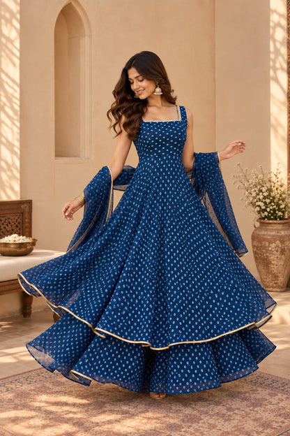 BINDU PEACOCK BLUE BANDHEJ KURTA SET