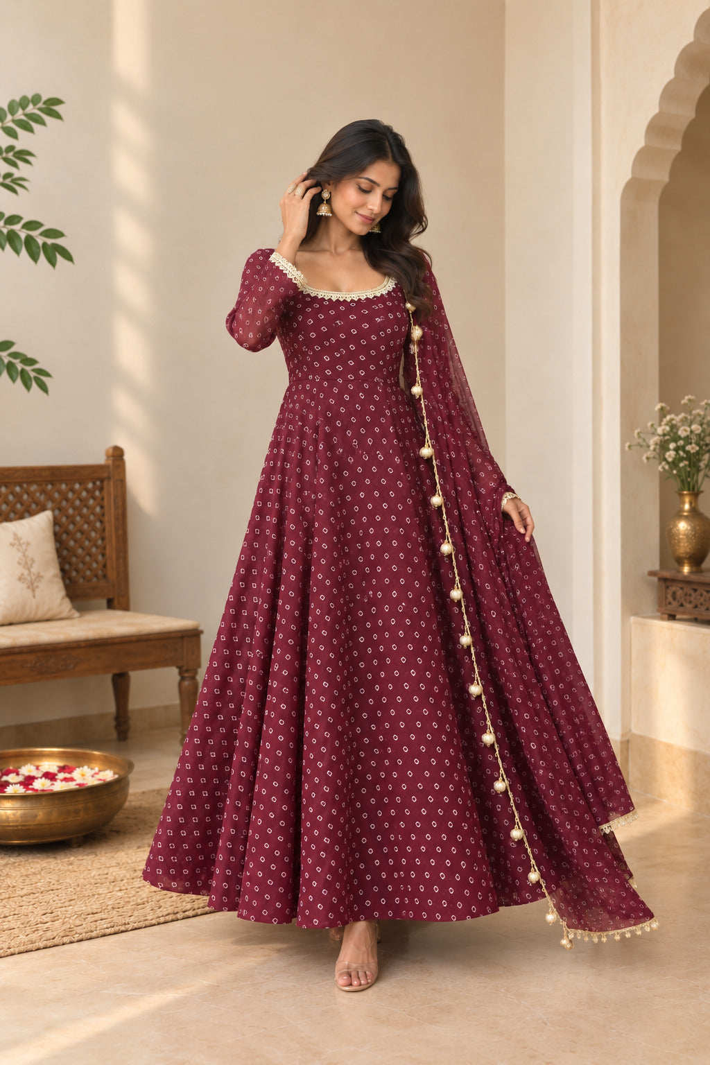 RASHMITA WINE BANDHEJ ANARKALI SET