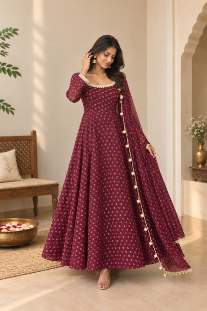 RASHMITA WINE BANDHEJ ANARKALI SET
