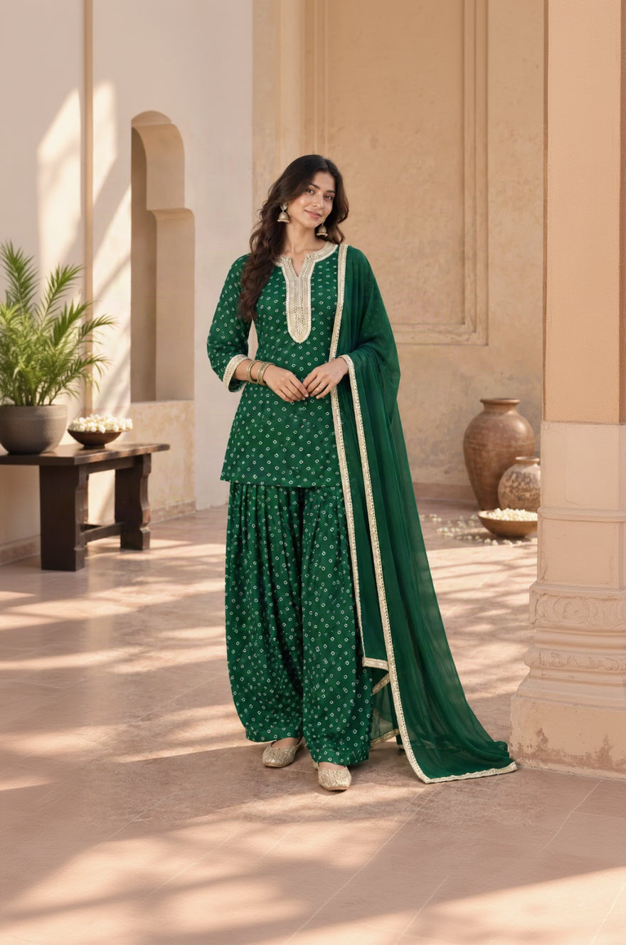 DEVYANI GREEN BANDHEJ FARSHI SET WITH DUPATTA