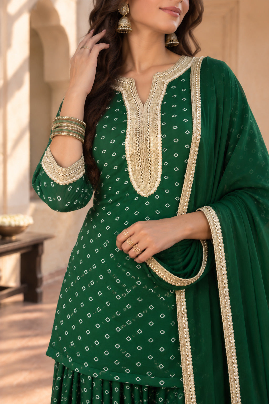 DEVYANI GREEN BANDHEJ FARSHI SET WITH DUPATTA