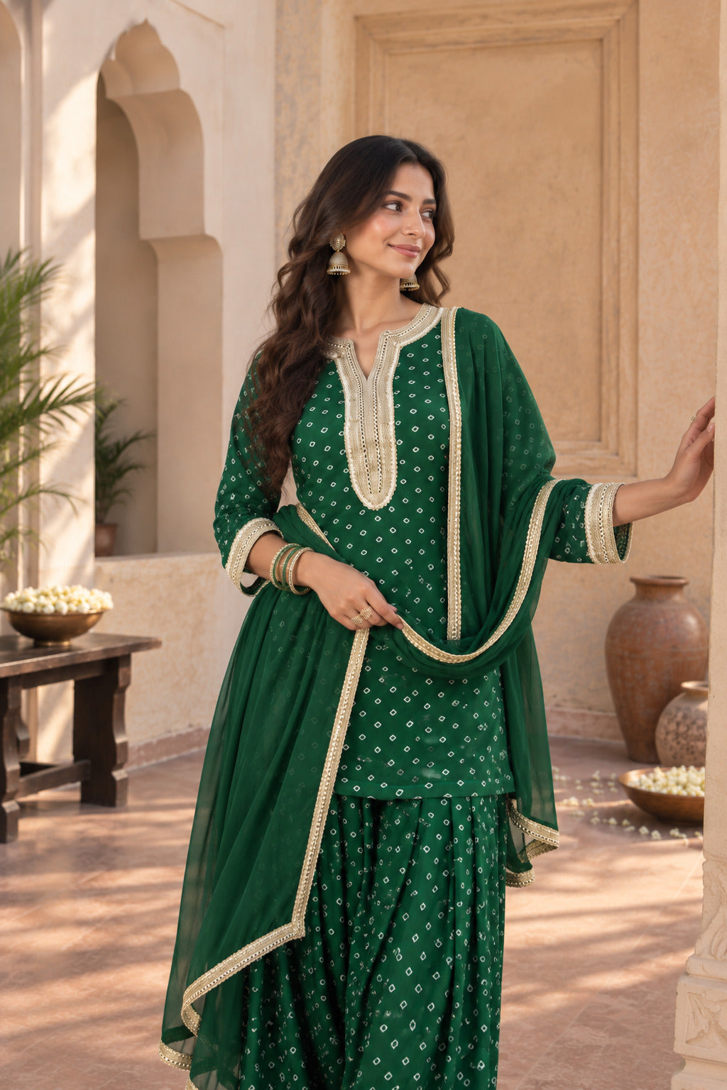DEVYANI GREEN BANDHEJ FARSHI SET WITH DUPATTA