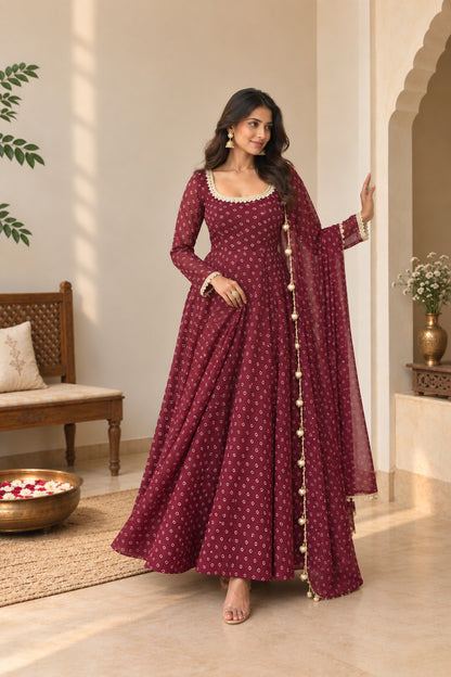 RASHMITA WINE BANDHEJ ANARKALI SET