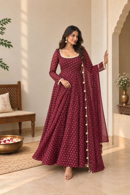 RASHMITA WINE BANDHEJ ANARKALI SET