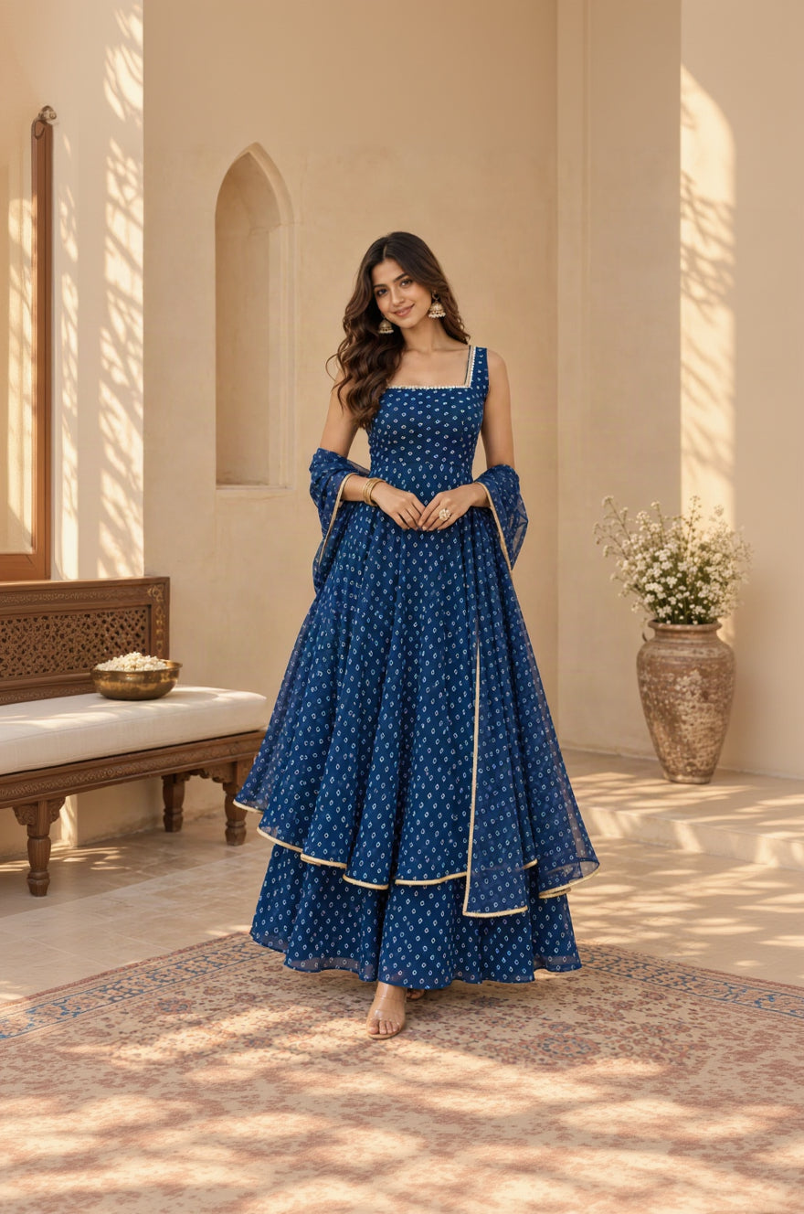 BINDU PEACOCK BLUE BANDHEJ KURTA SET