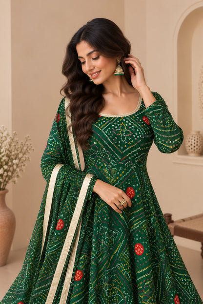 MALTI GREEN BANDHEJ ANARKALI SET
