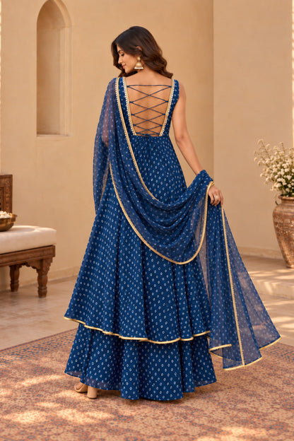 BINDU PEACOCK BLUE BANDHEJ KURTA SET