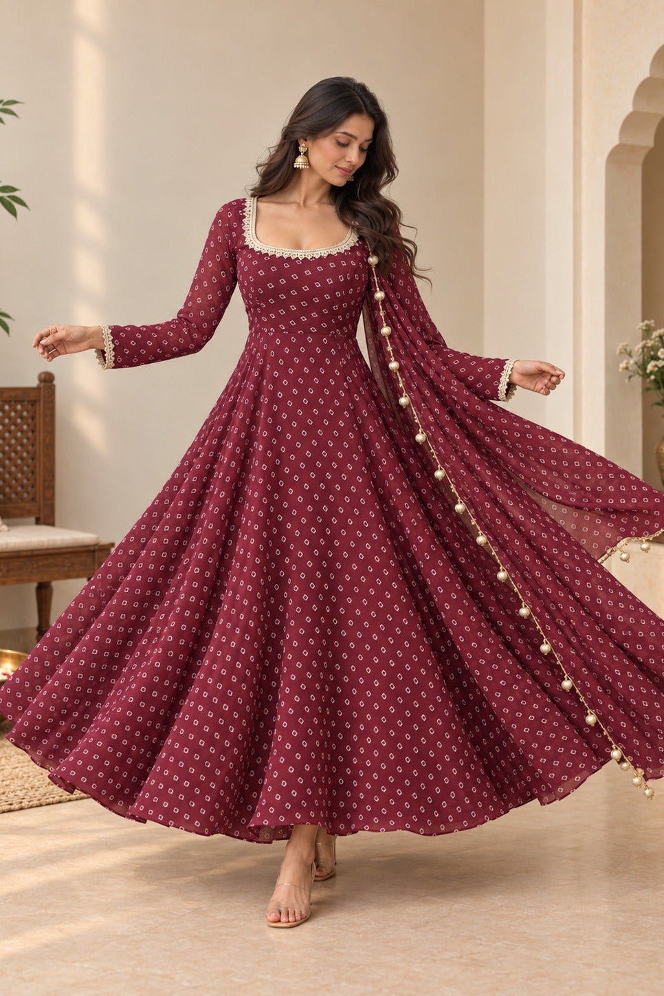 RASHMITA WINE BANDHEJ ANARKALI SET