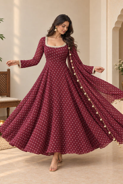 RASHMITA WINE BANDHEJ ANARKALI SET