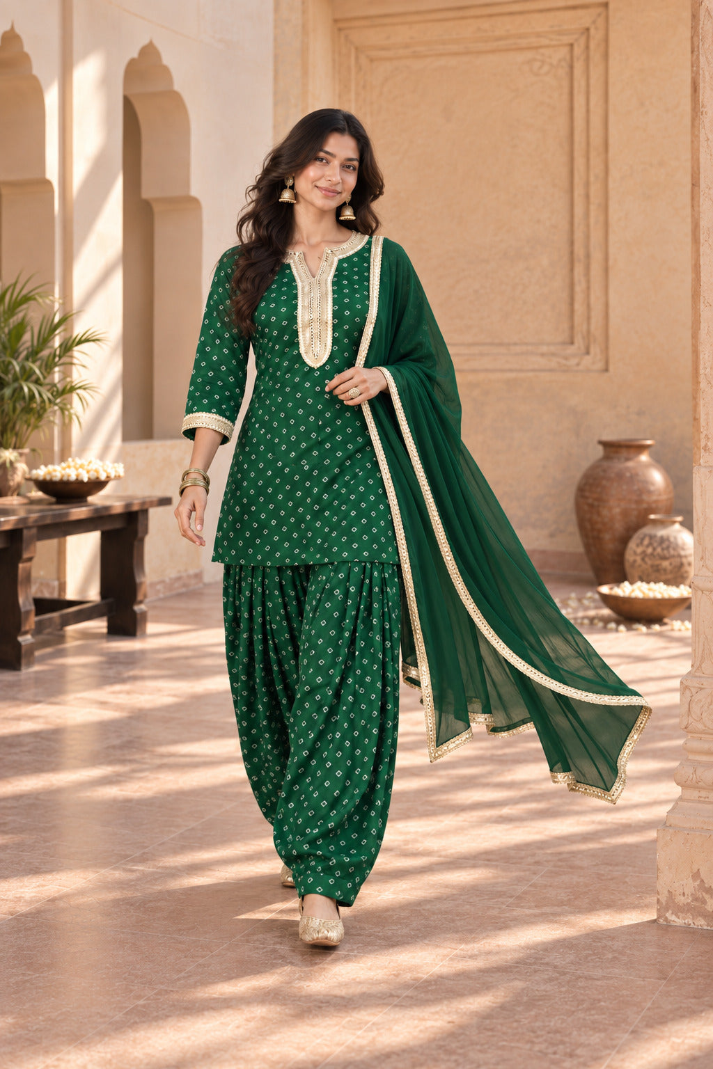 DEVYANI GREEN BANDHEJ FARSHI SET WITH DUPATTA