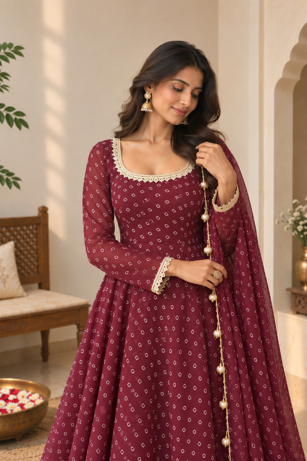 RASHMITA WINE BANDHEJ ANARKALI SET