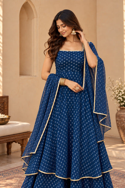 BINDU PEACOCK BLUE BANDHEJ KURTA SET