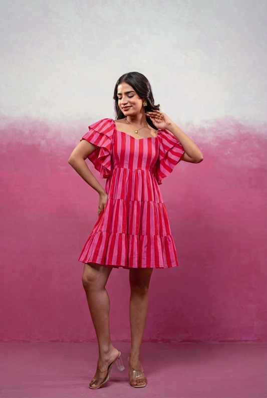 REMI RED-PINK STRIPED SHORT DRESS