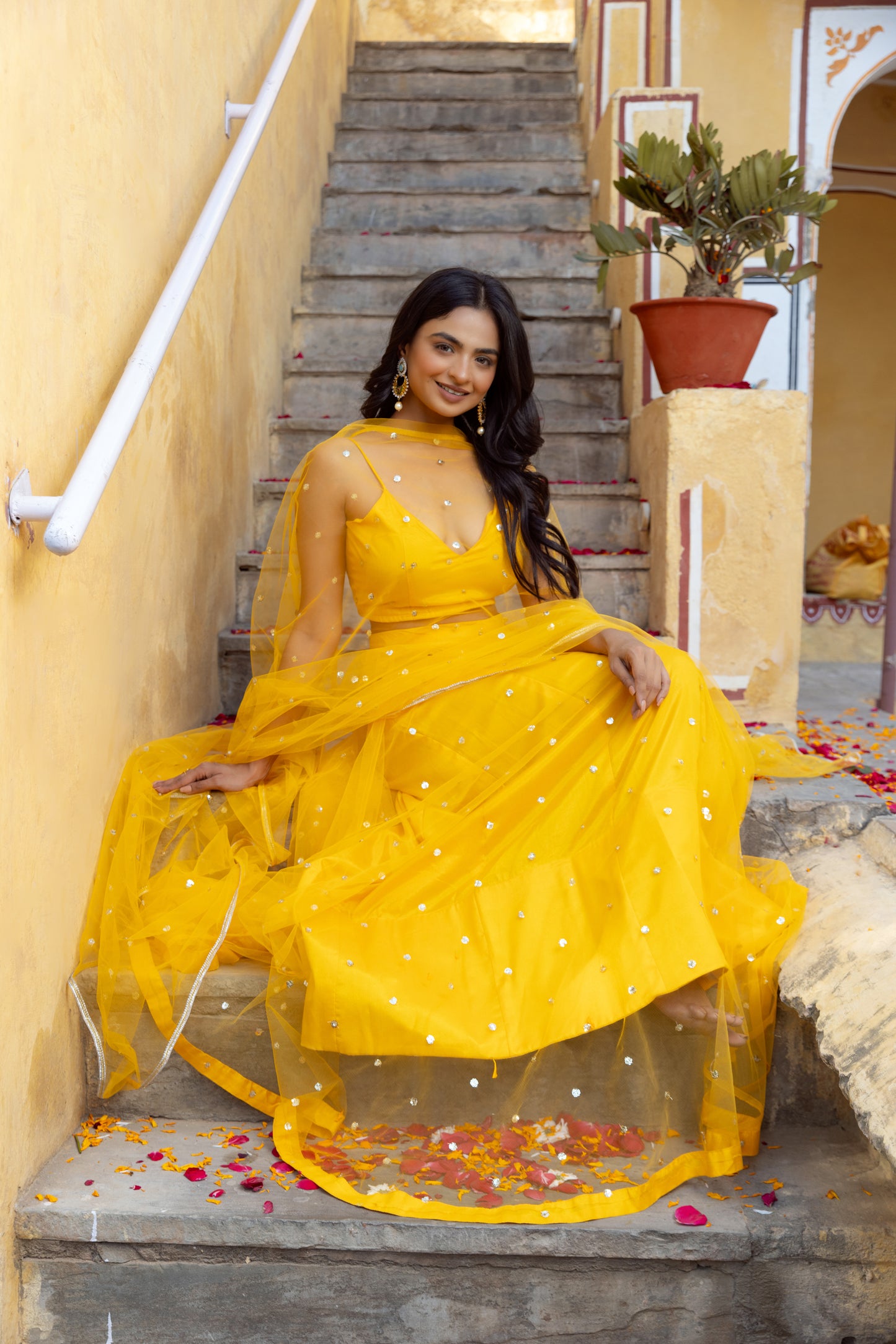 SAHANA YELLOW EMBROIDERED NET LEHENGA SET