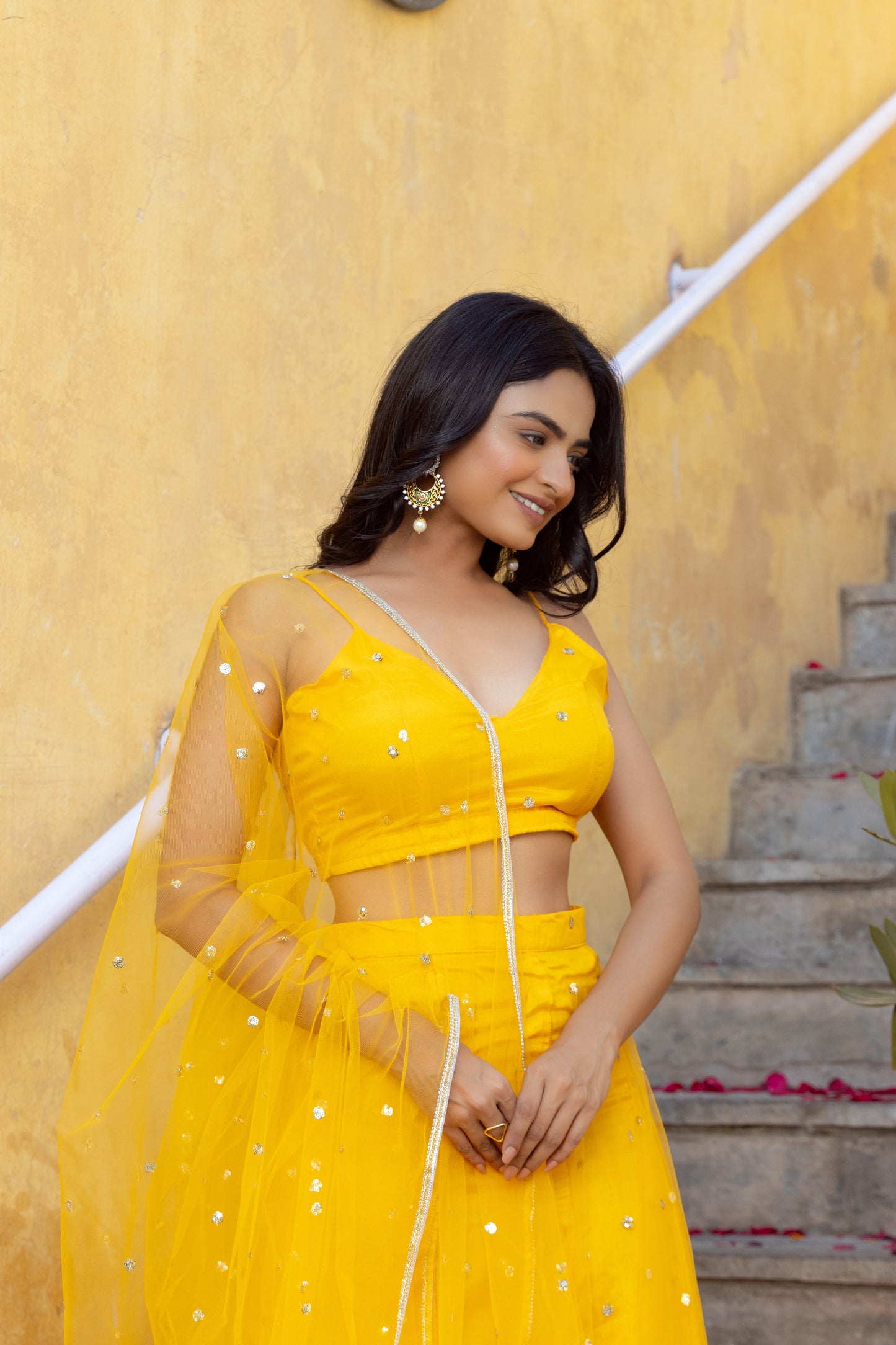 SAHANA YELLOW EMBROIDERED NET LEHENGA SET